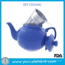 Ceramic Blue Round Stainless Tea Strainer Teapot